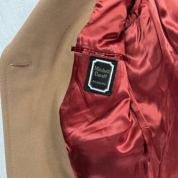 VTG Overcoat Tan Wool Double Breasted Red Satin Lined Coat Mitchell Daroff - Picture 15 of 16